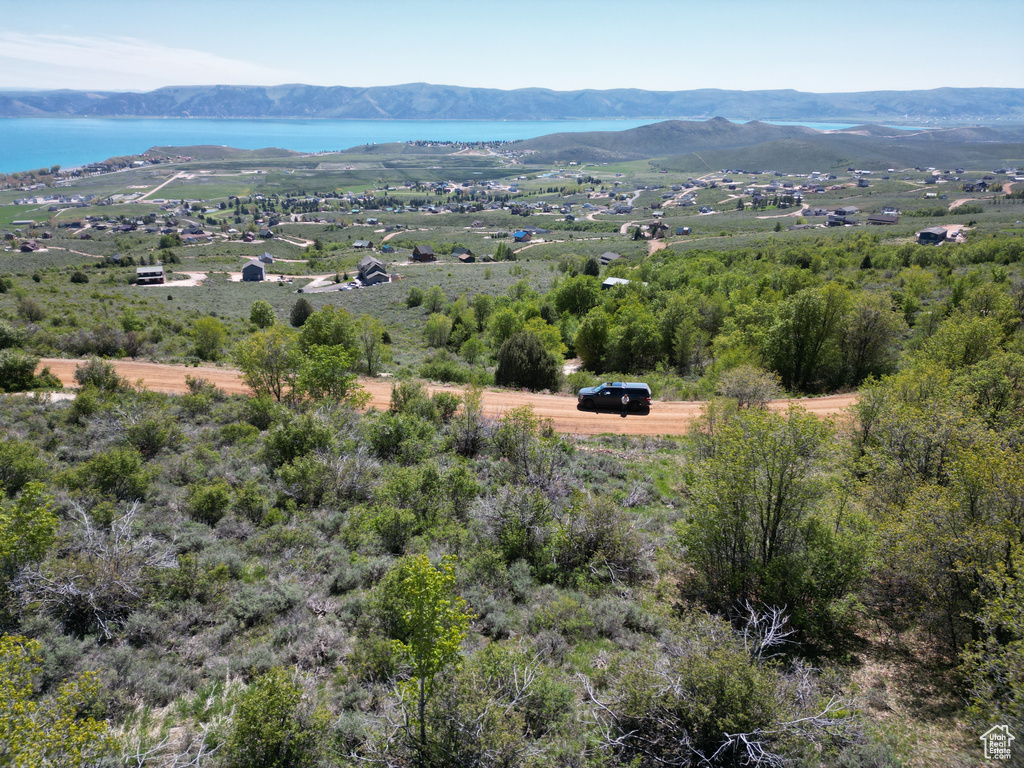 Aerial view of a water and mountain view