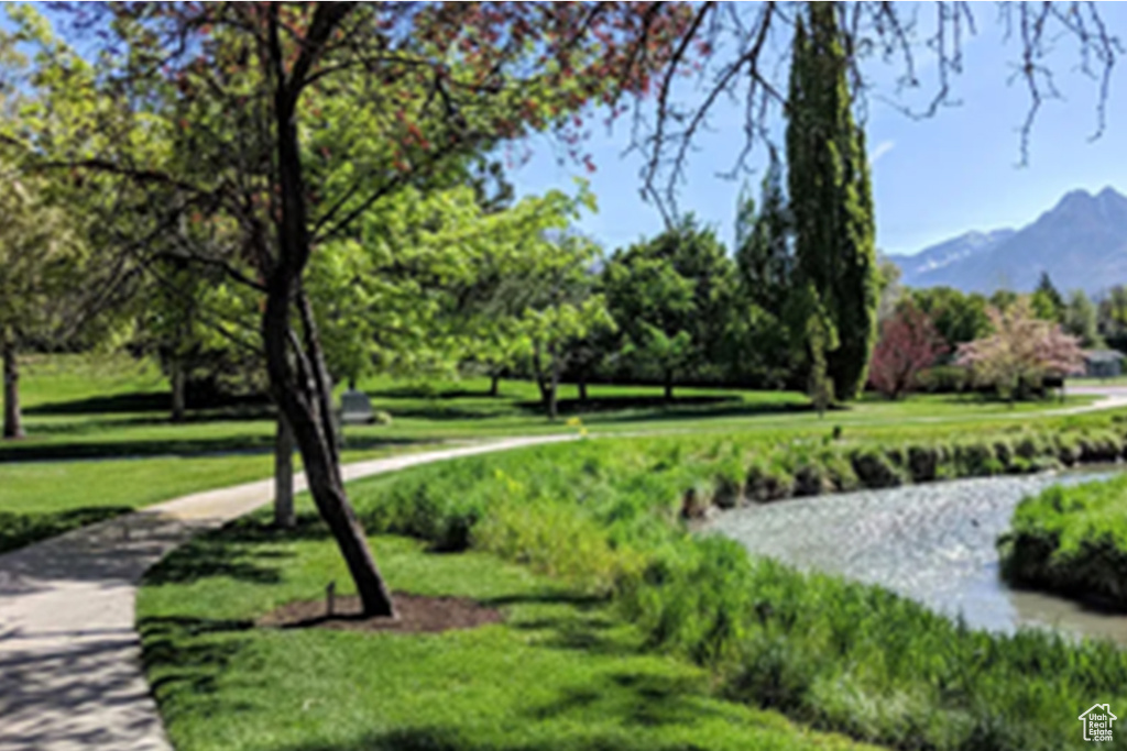 View of property's community with a mountain view and a lawn