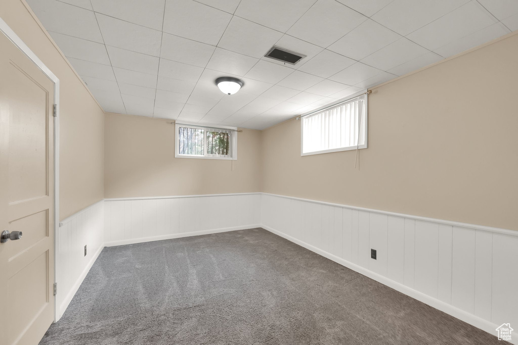 Below grade area featuring carpet flooring, a wainscoted wall, and visible vents