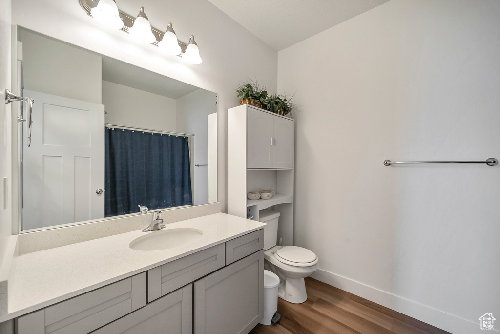 Full bath featuring a shower with curtain, toilet, baseboards, wood finished floors, and vanity
