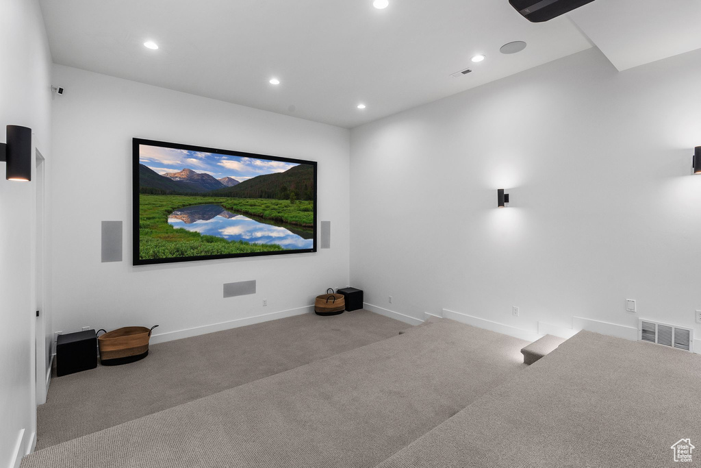 Carpeted cinema featuring recessed lighting, baseboards, and visible vents