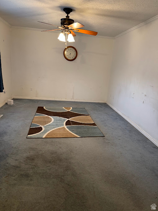 Unfurnished room featuring carpet flooring, ceiling fan, a textured ceiling, baseboards, and crown molding