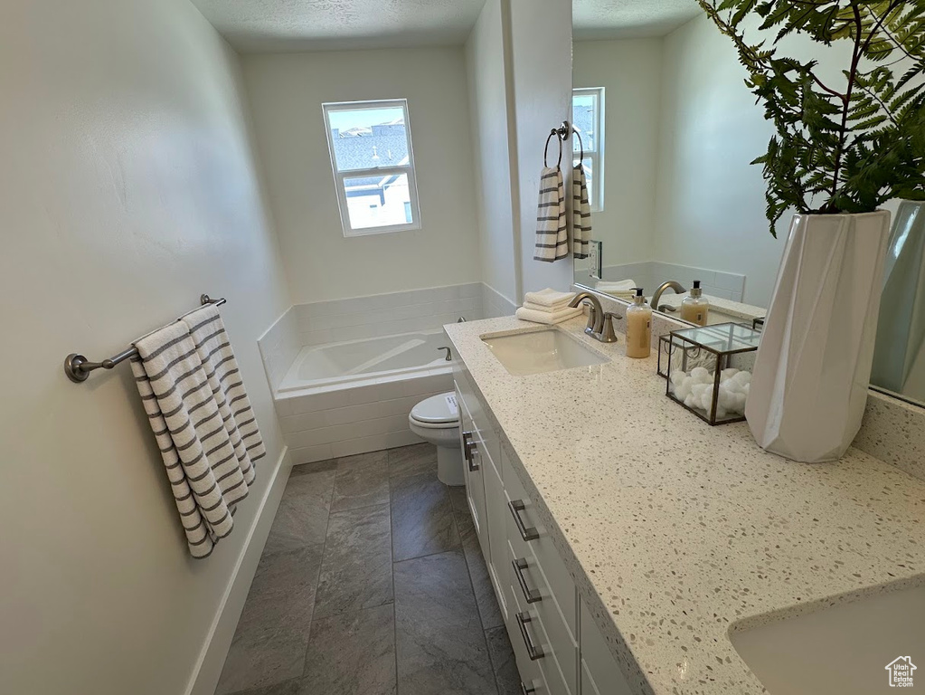Bathroom with a bath, toilet, and vanity