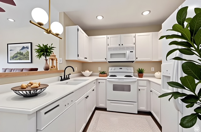 Kitchen with a sink, white appliances, and light countertops