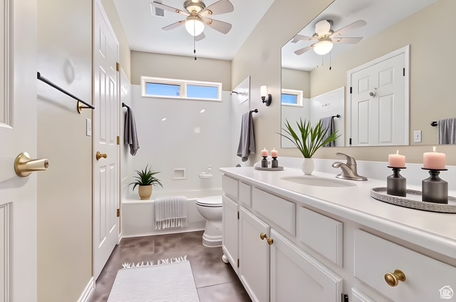 Full bathroom with toilet, ceiling fan, visible vents, and vanity