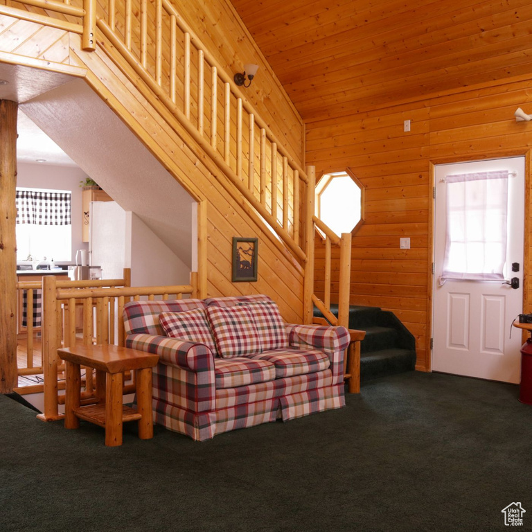 Living area featuring carpet, wood walls, and stairs