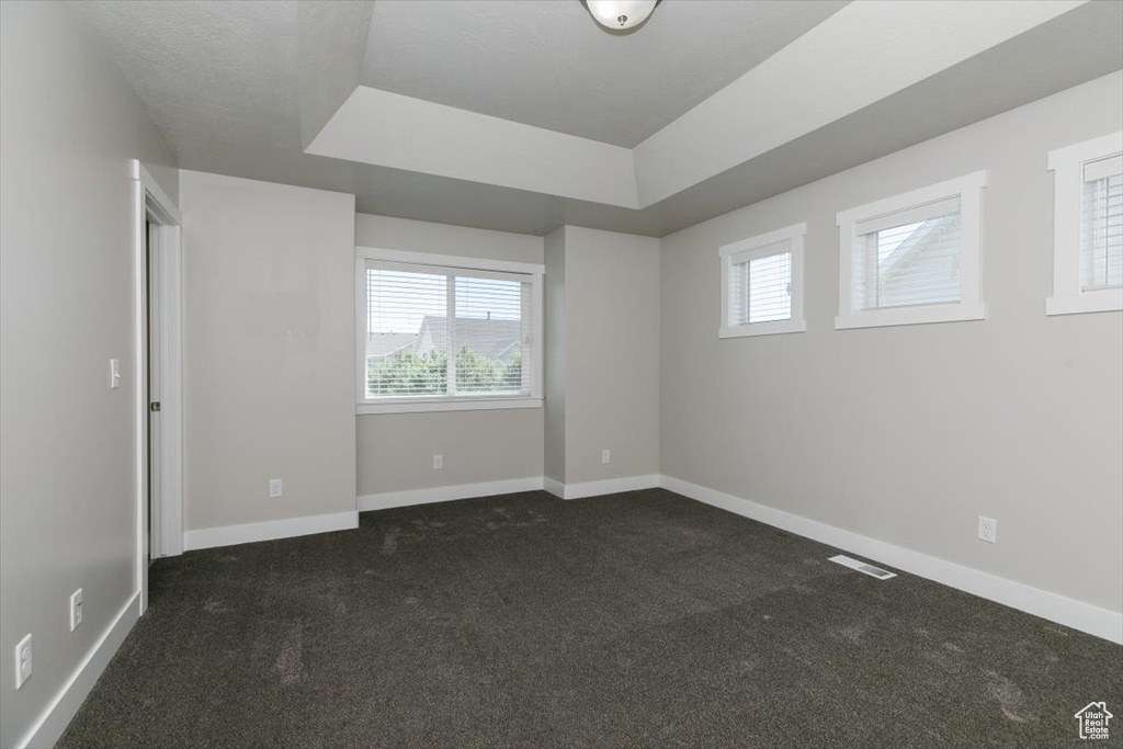 Spare room featuring dark colored carpet, plenty of natural light, baseboards, and a raised ceiling