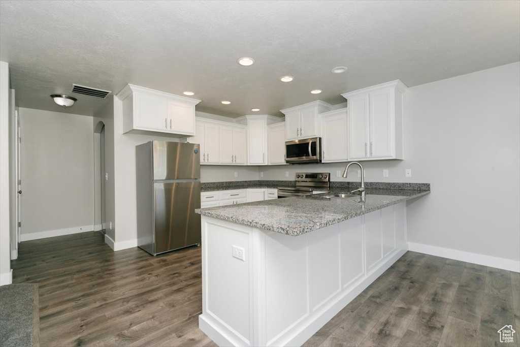 Kitchen featuring stainless steel appliances, a peninsula, baseboards, dark wood-style flooring, and white cabinetry