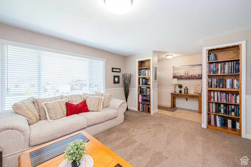 Carpeted living area with baseboards
