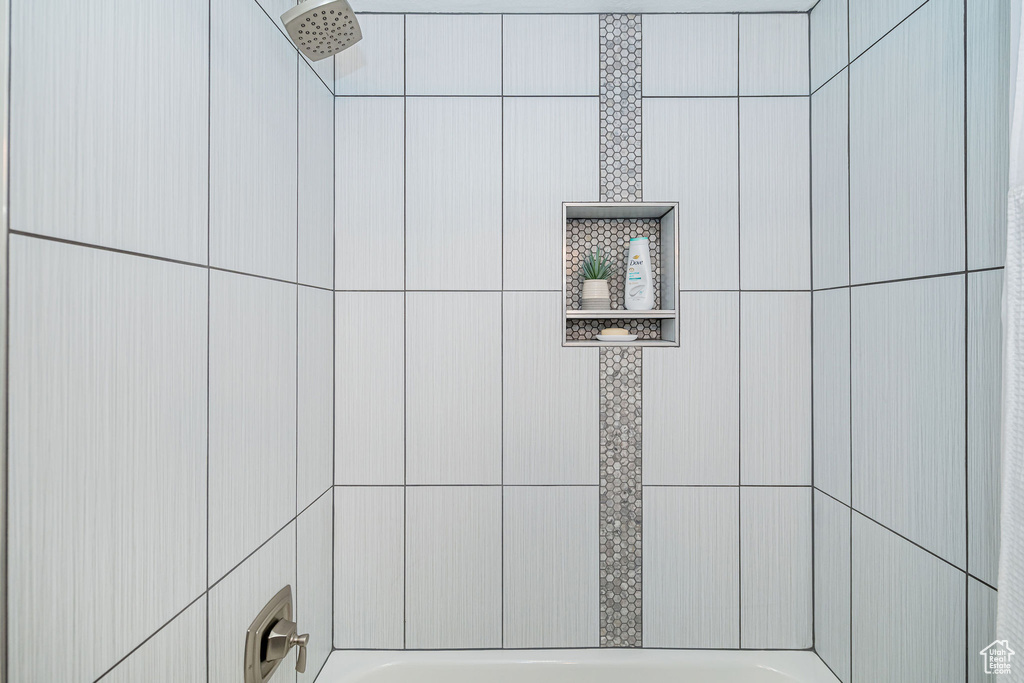 Interior details featuring a washtub and a shower