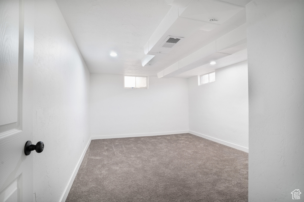 Basement with plenty of natural light, baseboards, visible vents, and carpet floors