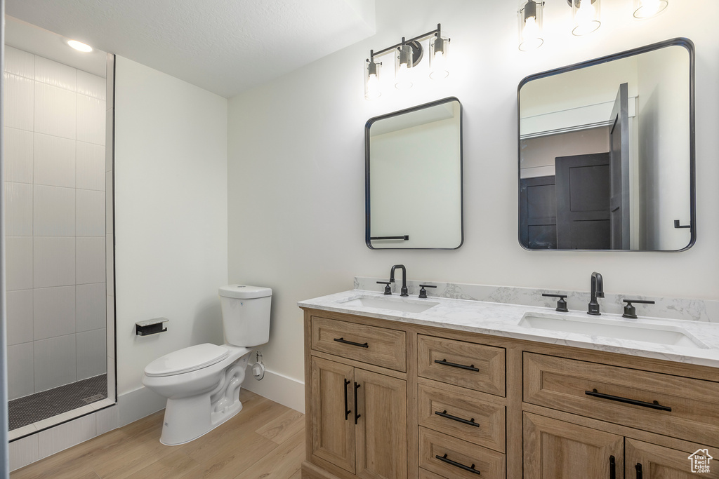 Bathroom with wood finished floors, a sink, double vanity, and toilet