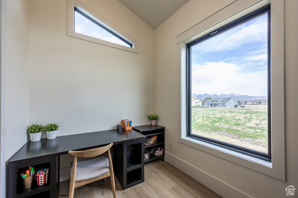 Office featuring light wood-type flooring, baseboards, and a wealth of natural light