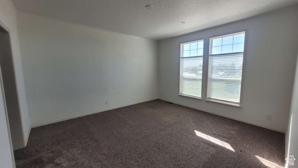 Spare room featuring dark carpet and baseboards