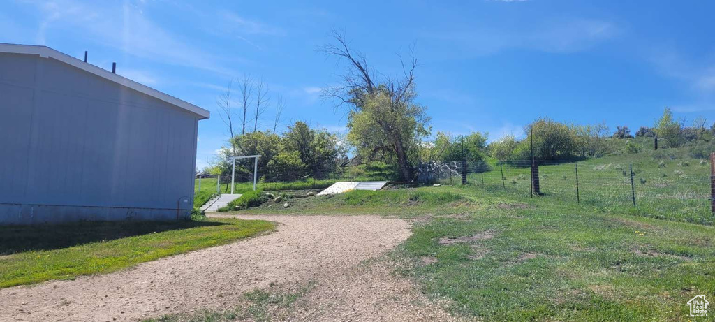 View of yard with dirt driveway