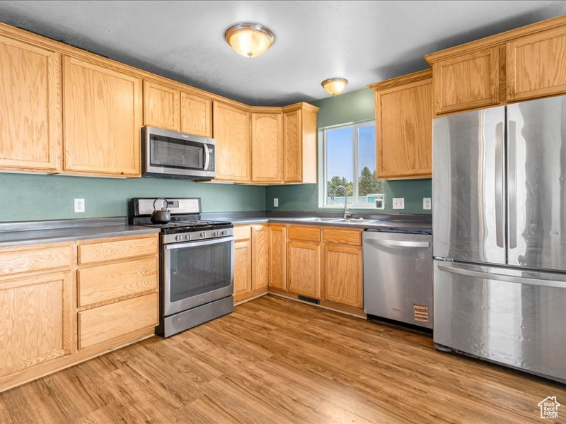 Kitchen featuring light brown cabinets, stainless steel appliances, light wood-type flooring, and a sink