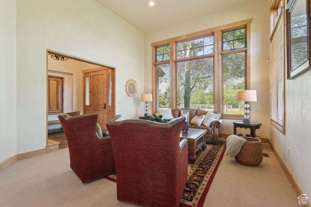 Carpeted living area featuring baseboards, a towering ceiling, and recessed lighting