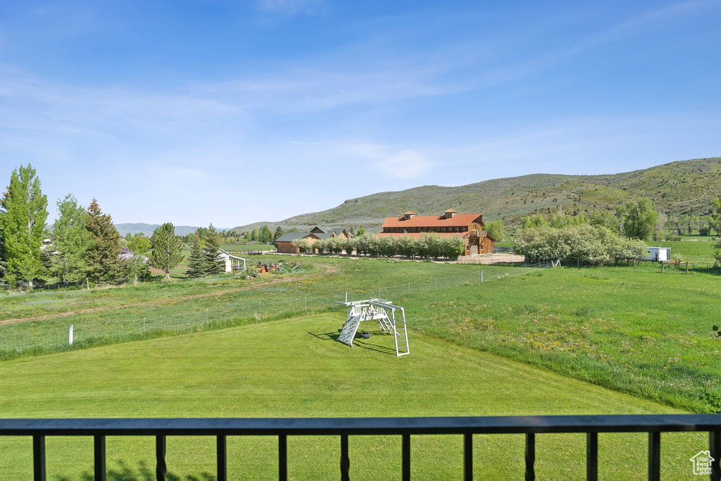 View of yard with a mountain view, a view of rural / pastoral area, and an area for soccer