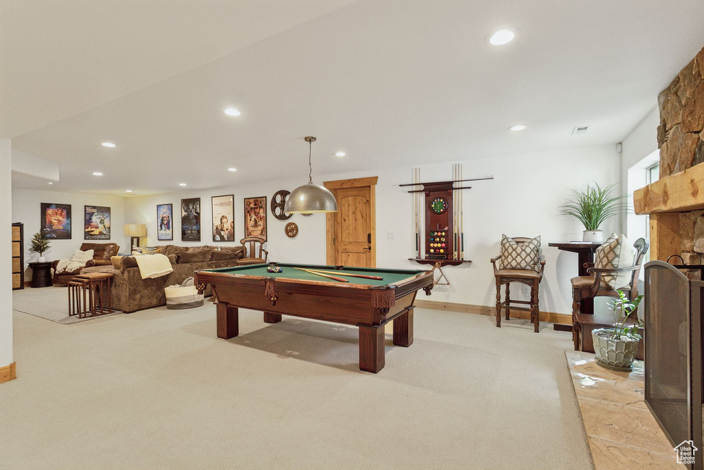 Playroom with billiards, light carpet, recessed lighting, and baseboards