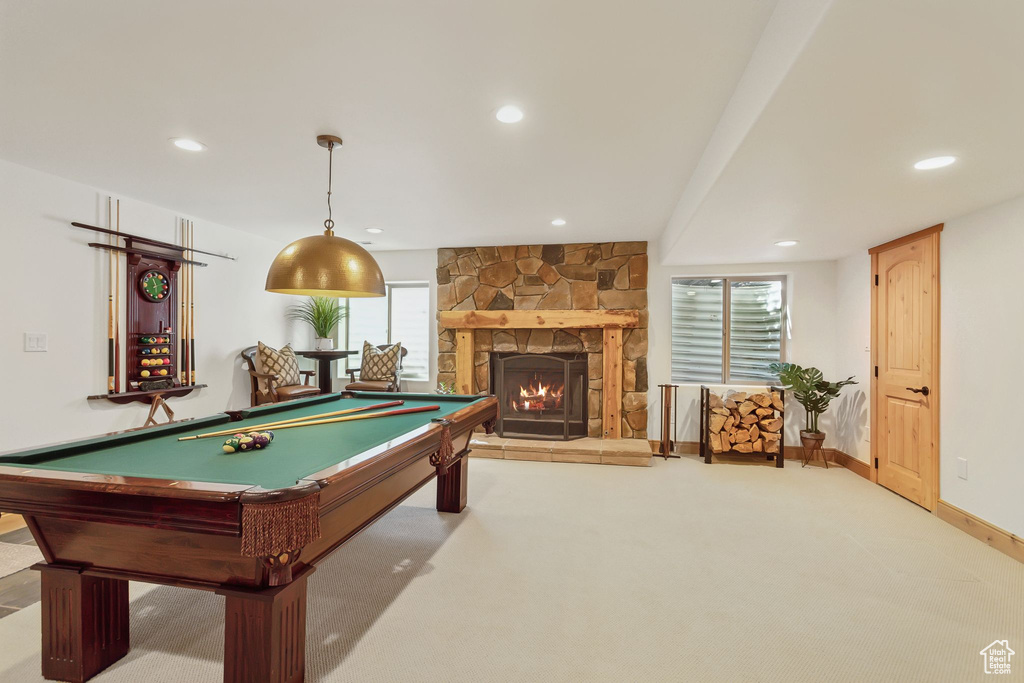 Recreation room with carpet floors, recessed lighting, billiards, a fireplace, and baseboards