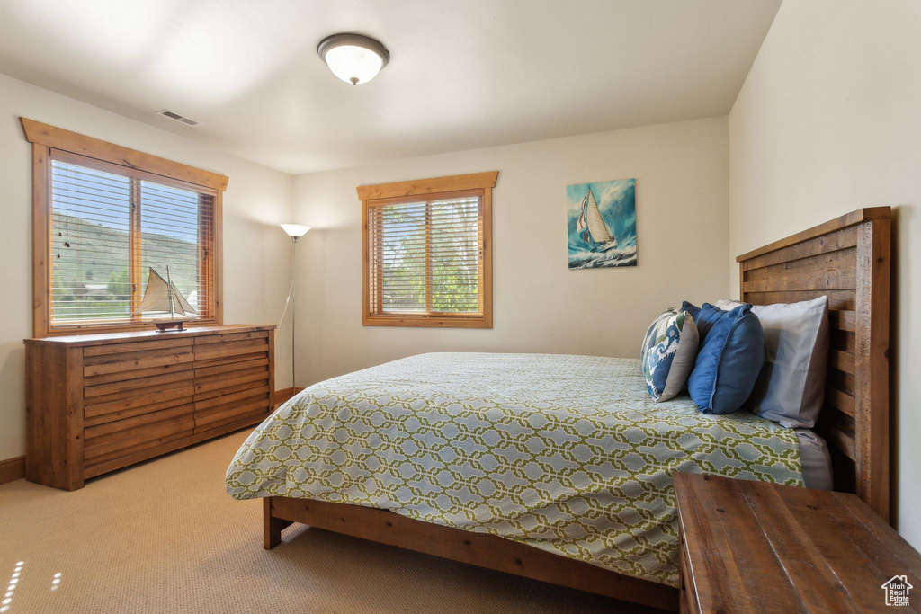Bedroom with multiple windows and carpet flooring