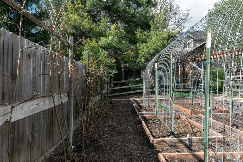 View of yard with a fenced backyard and a vegetable garden