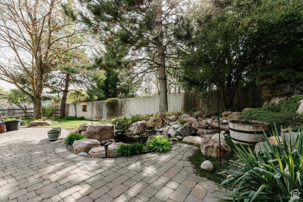 View of patio featuring a fenced backyard