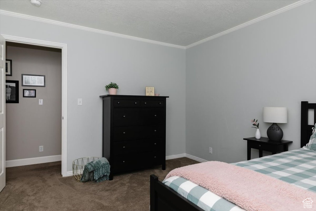 Bedroom featuring baseboards, carpet floors, and crown molding