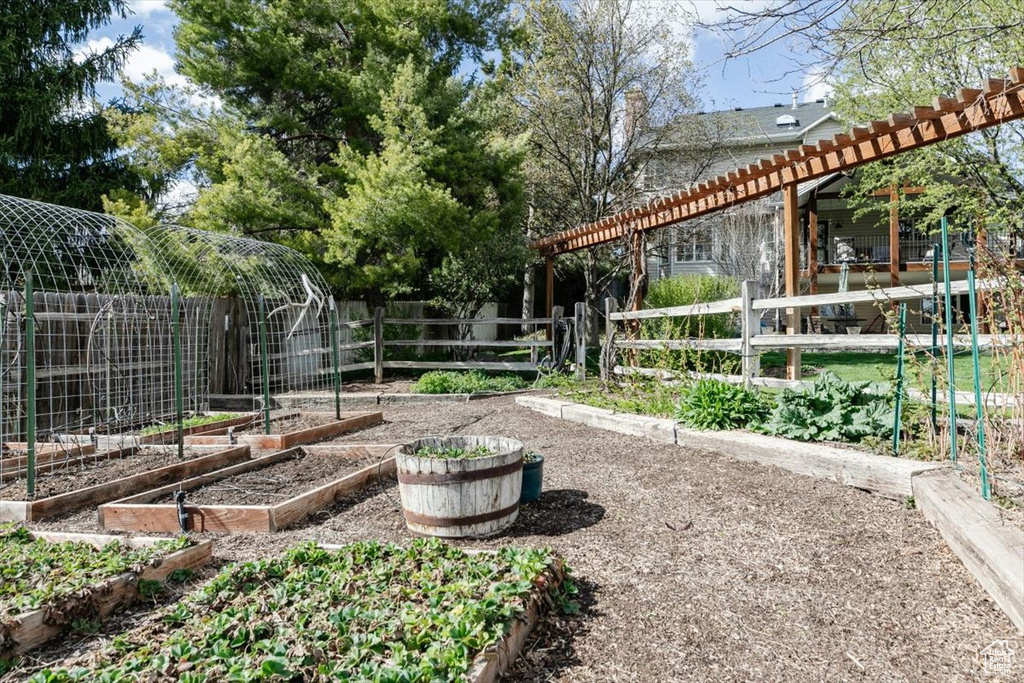 View of yard featuring fence and a vegetable garden