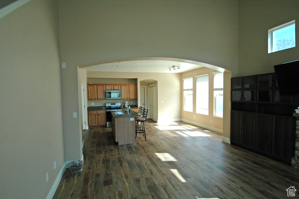 Living area featuring baseboards, arched walkways, dark wood-style flooring, and a high ceiling