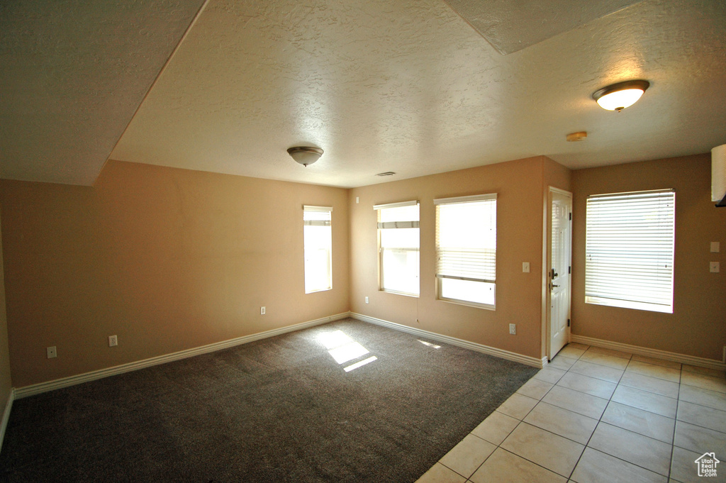 Interior space with carpet flooring, a textured ceiling, and baseboards