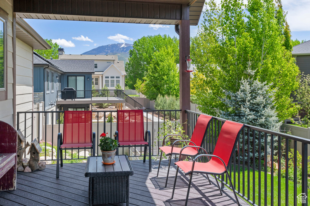 Wooden terrace with a mountain view