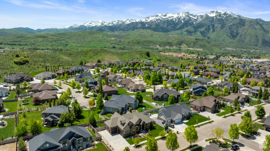 Aerial view of residential area with mountains