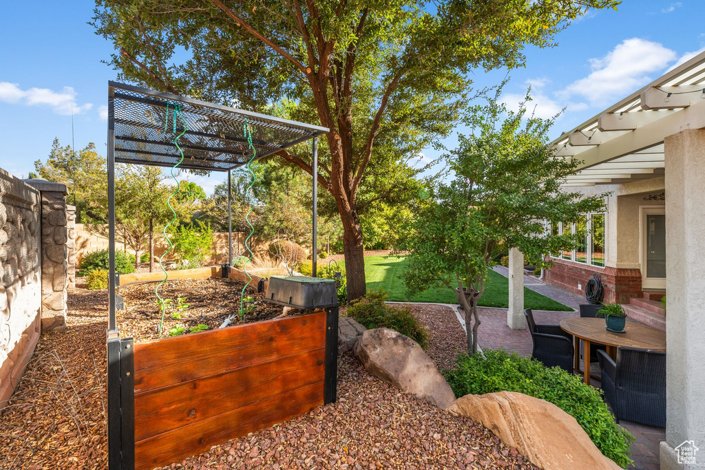 View of yard with a pergola and a garden