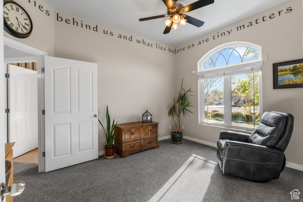 Sitting room with ceiling fan, a wealth of natural light, baseboards, and carpet