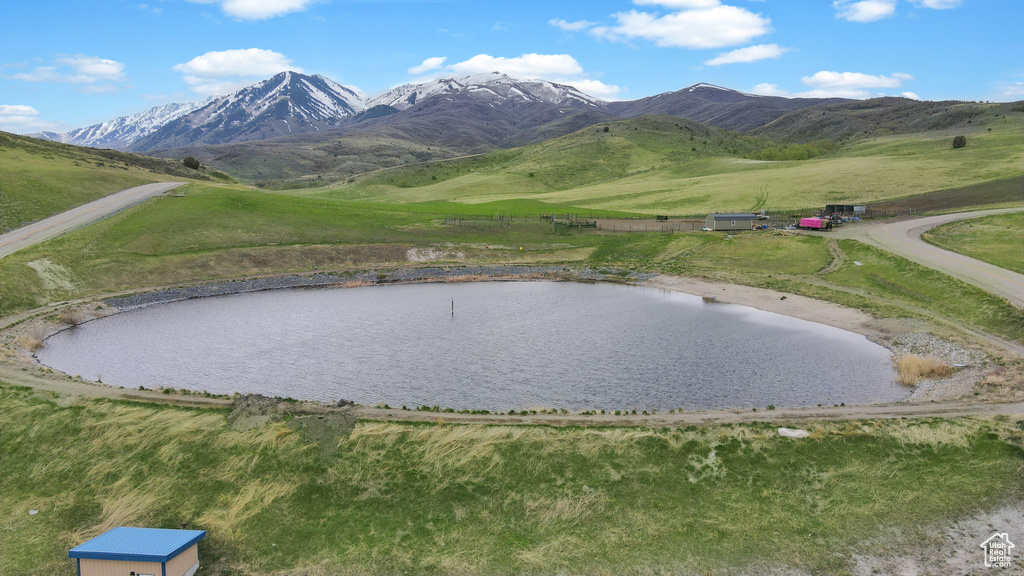 View of community featuring a water and mountain view