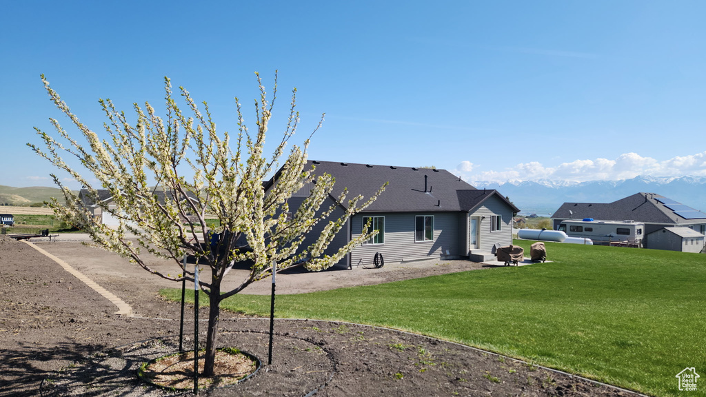 Back of property featuring a lawn and a patio area