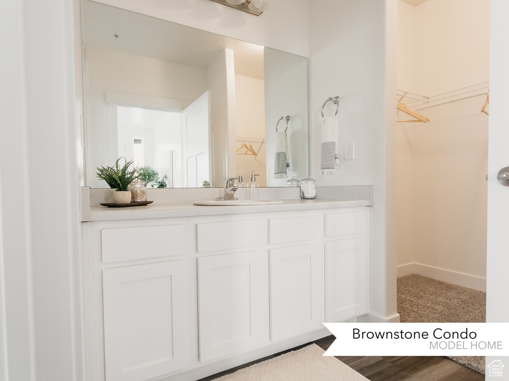 Bathroom with a spacious closet, baseboards, and vanity