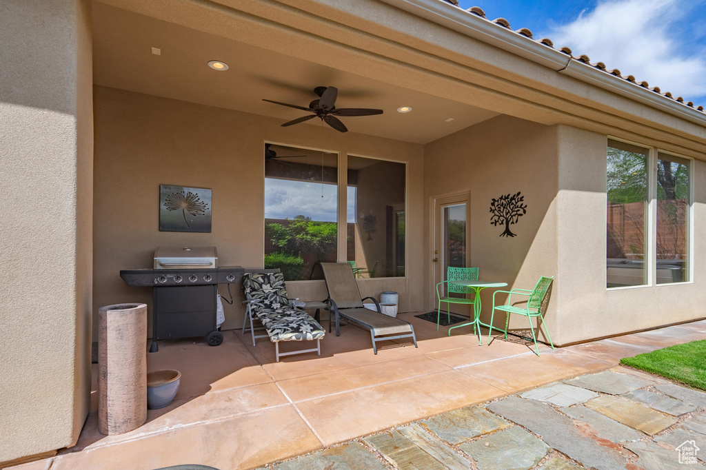 View of patio / terrace featuring ceiling fan