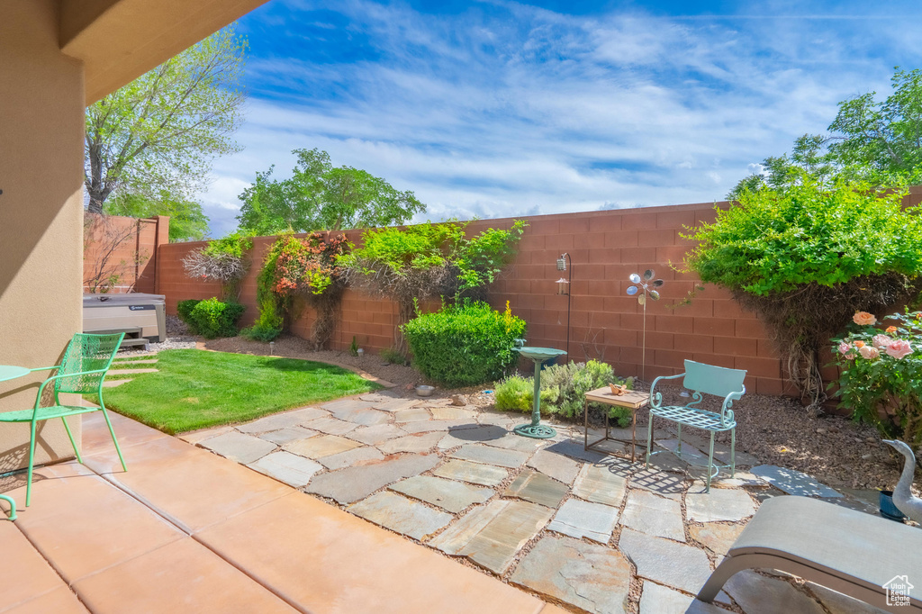 View of patio featuring a fenced backyard