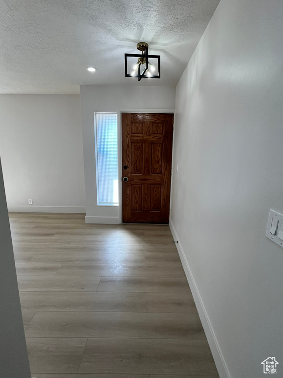 Entryway featuring baseboards, a textured ceiling, and light wood-style flooring