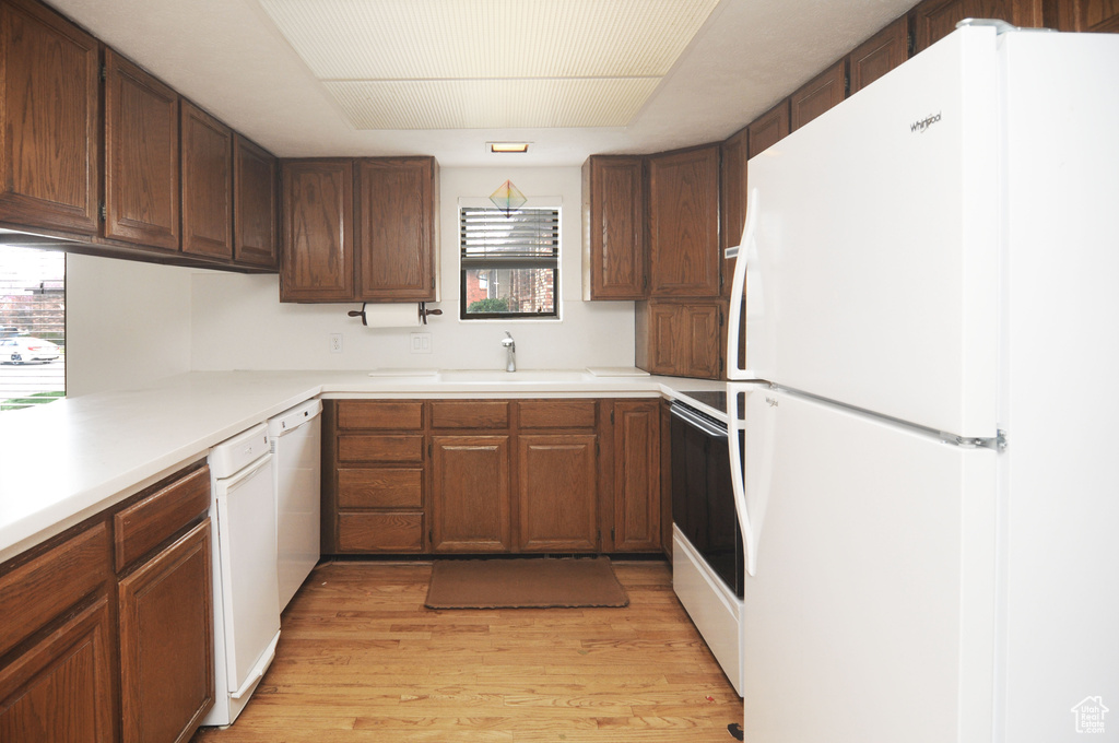 Kitchen with light countertops, a sink, light wood finished floors, and white appliances
