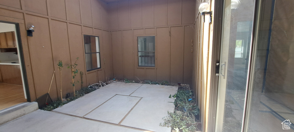 Exterior space featuring board and batten siding