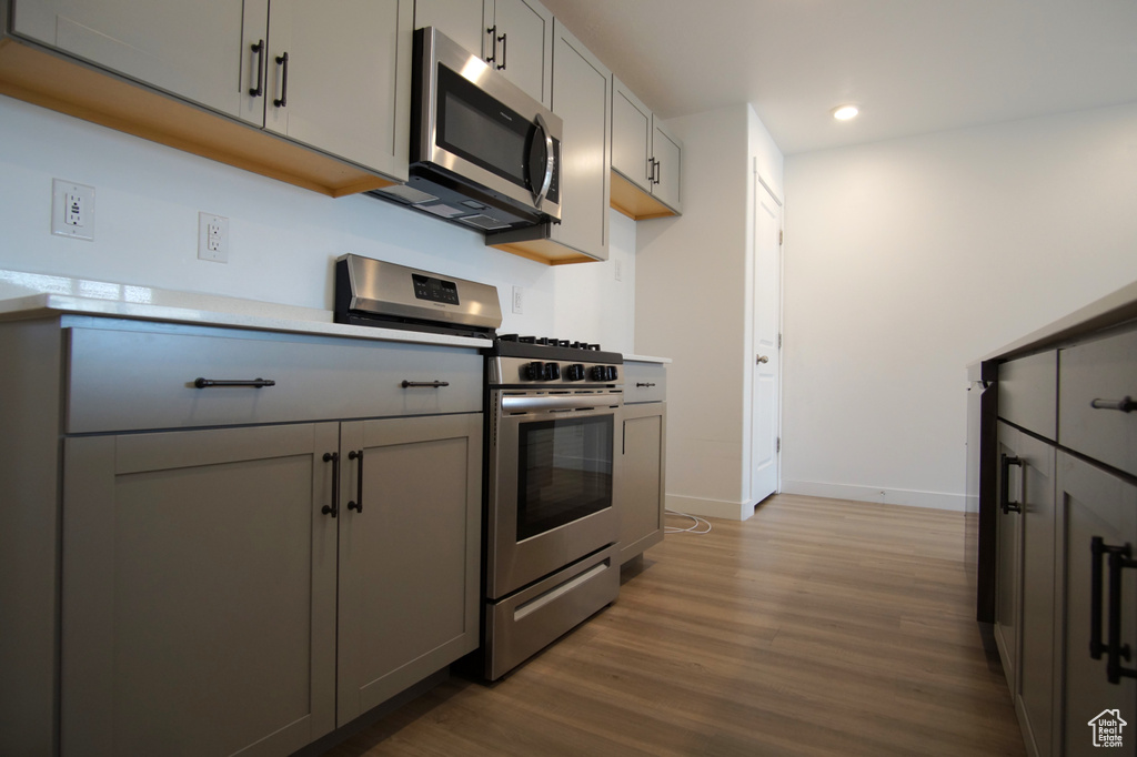 Kitchen featuring gray cabinets, stainless steel appliances, dark wood-type flooring, and recessed lighting