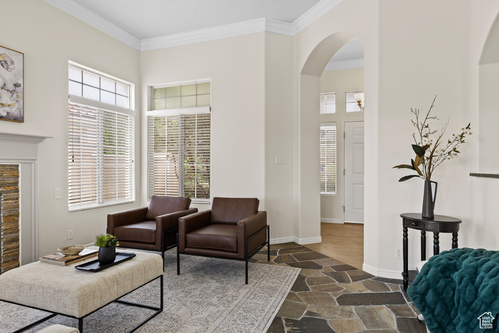Living area with stone tile flooring, arched walkways, a towering ceiling, plenty of natural light, and ornamental molding