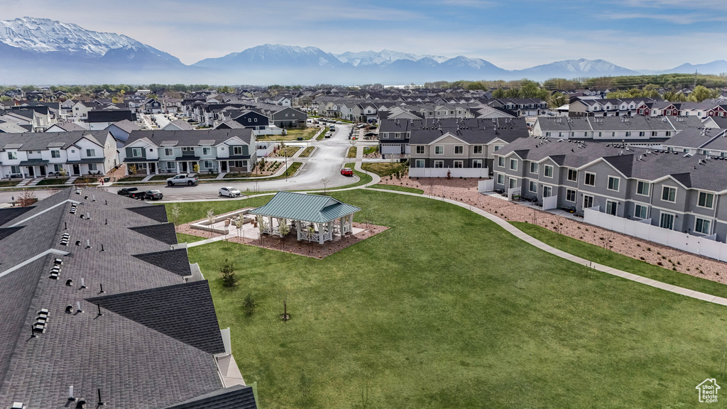 Drone / aerial view with a mountain view and a residential view