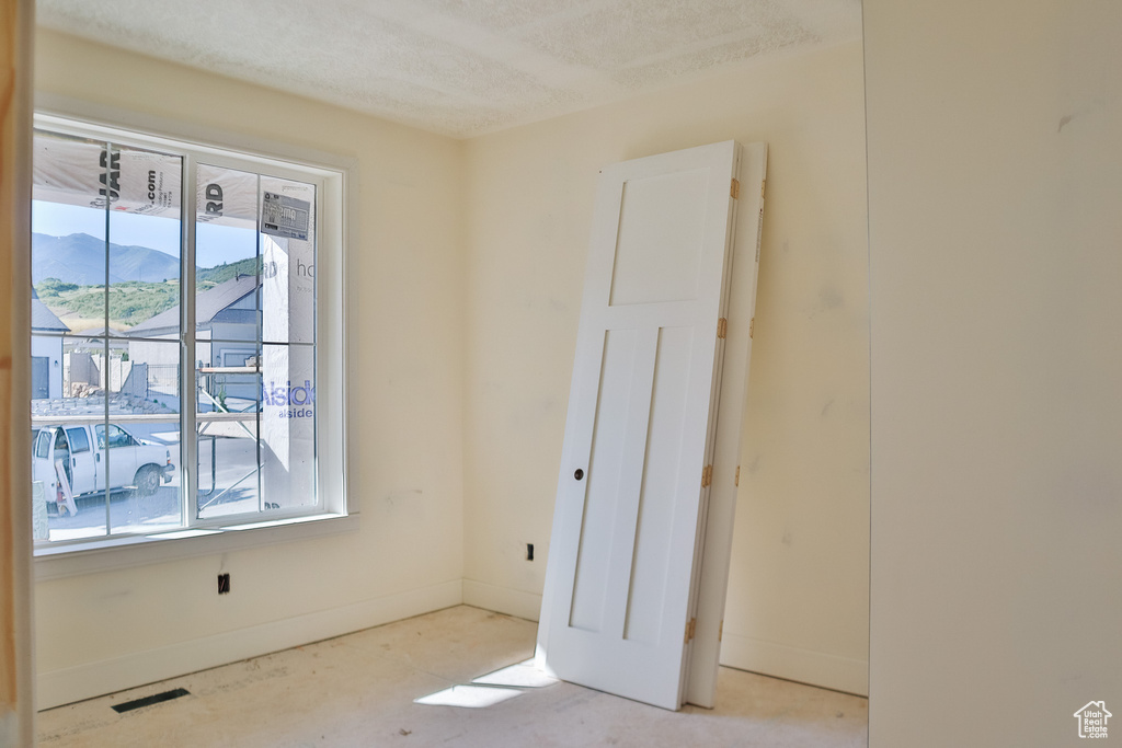 Spare room featuring plenty of natural light and a mountain view