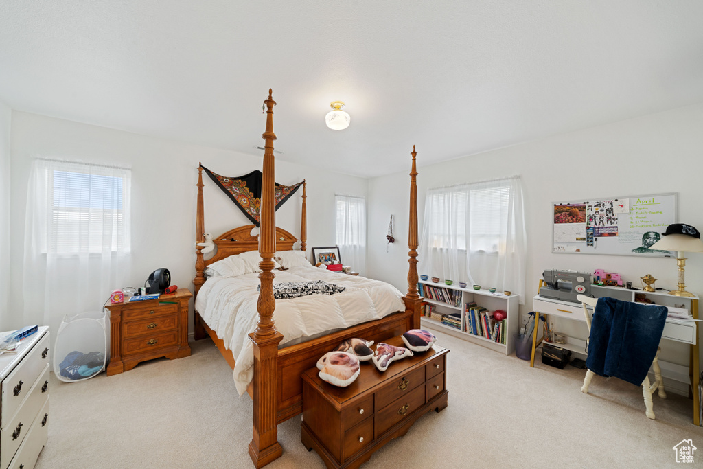 Bedroom with light colored carpet