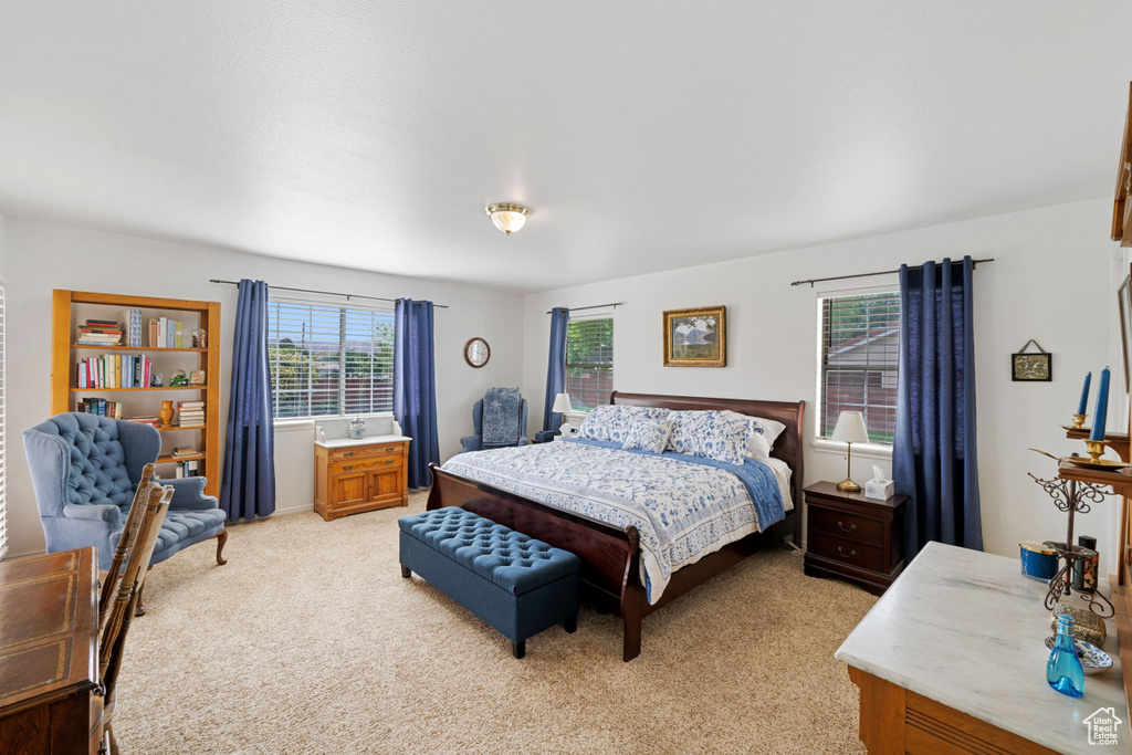 Bedroom with light carpet