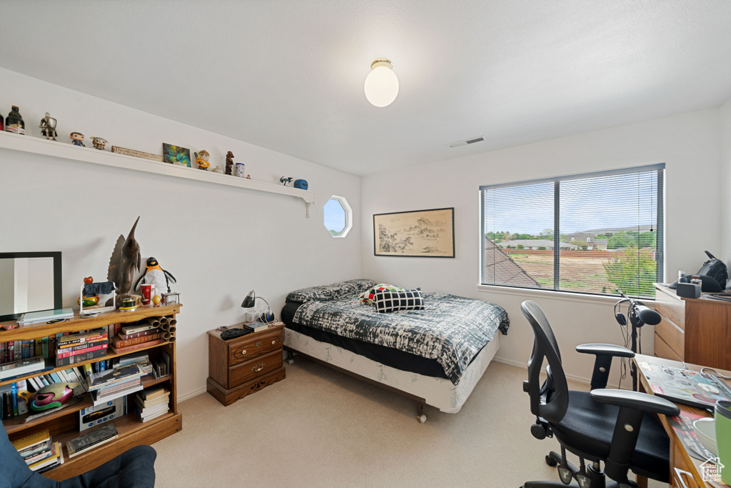 Carpeted bedroom with visible vents